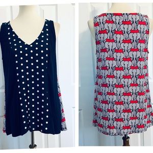 Crown & Ivy Navy Mixed Print Sleeveless Tunic Polka Dot & Elephant Womens Sz L